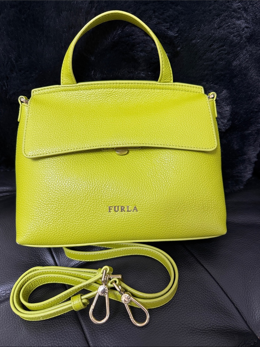 Furla Lime Green Pebbled Leather Top-Handle Satchel with Crossbody Strap